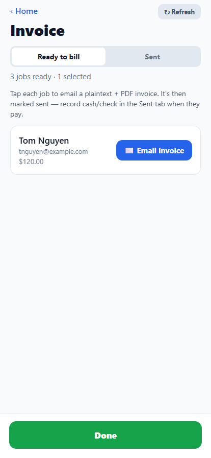 Invoice screen with a Bill by Cash/Check option, sending a plaintext + PDF invoice