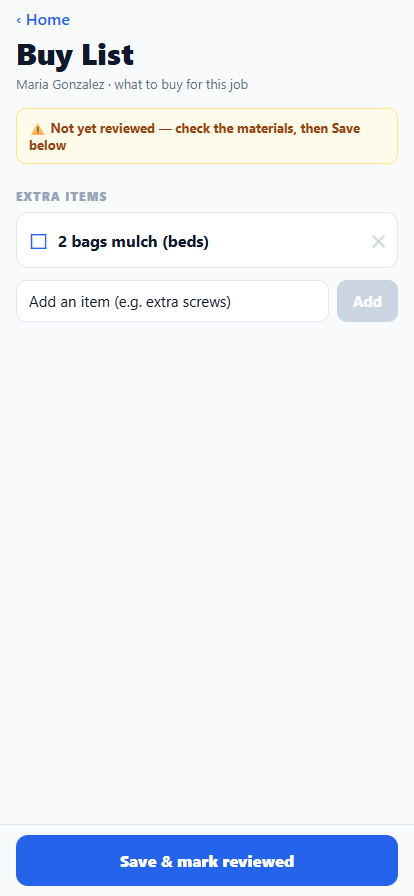 Buy List for a specific job with an extra item added and a Save & mark reviewed button