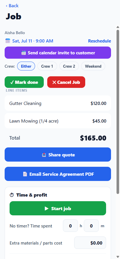 Job detail screen with a prominent Send calendar invite to customer button