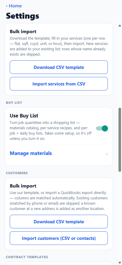 Settings screen with bulk import for services and for customers, including QuickBooks export import