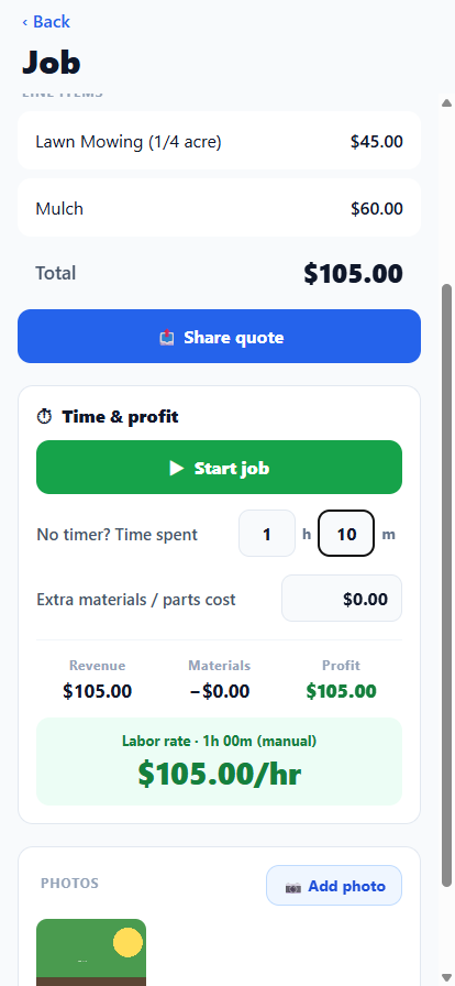 Job detail screen with line items, timer, dollar-per-hour profit, and a job photo