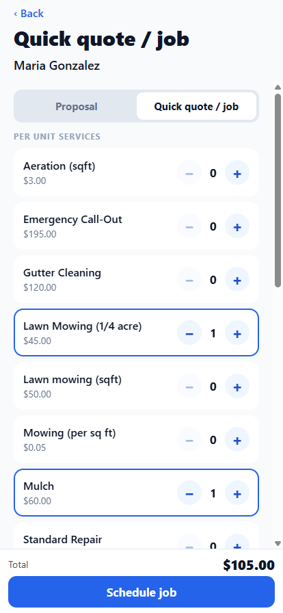 Quick quote screen with per-unit service pricing