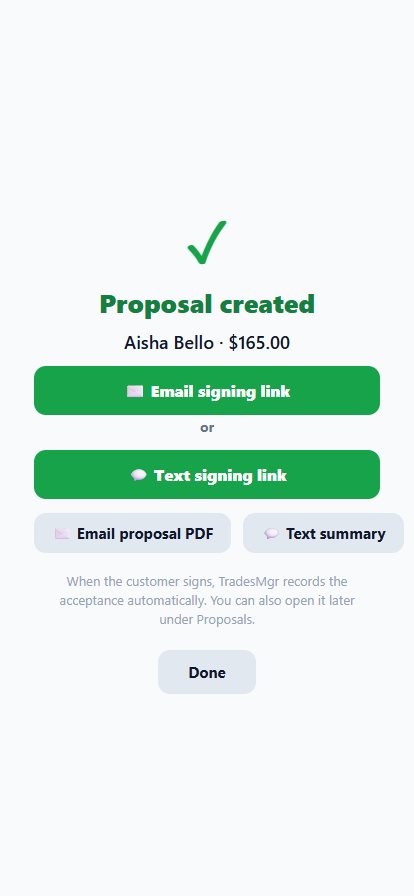 Proposal created screen with Email signing link, Text signing link, Email proposal PDF, and Text summary options