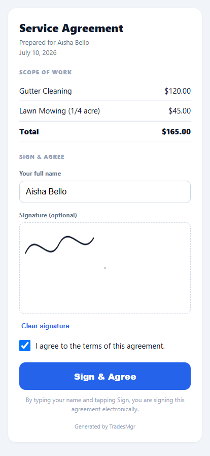 Customer-facing Service Agreement page with scope of work, a drawn signature, and a Sign & Agree button