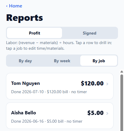 Reports screen listing completed jobs with dollar-per-hour profit
