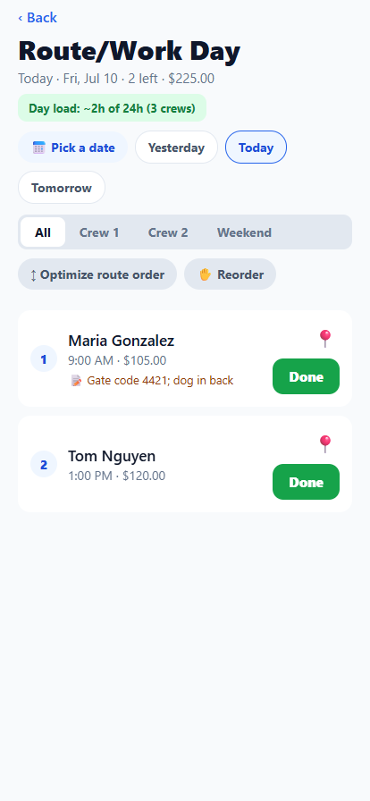 Today's route with two stops, day load, and customer notes