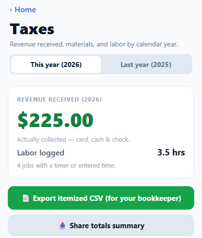 Taxes screen with revenue received, materials and expenses, labor logged, and an itemized CSV export button